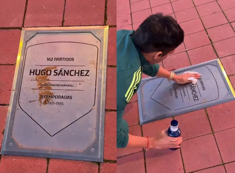 Aficionado mexicano limpia placa de Hugo Sánchez que fue vandalizada en Madrid